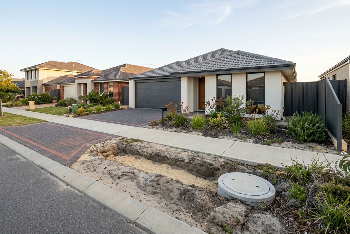 New charcoal brick driveway and shallow soakwell on a clay lot at a new home in Dayton, Perth by IBP Paving