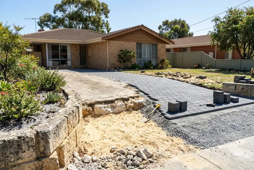Driveway replacement at a 1970s home on limestone in Duncraig, Perth by IBP Paving