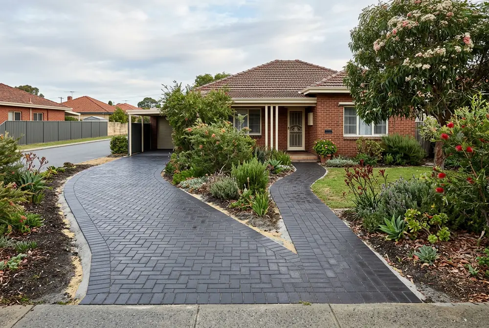 New brick driveway at a postwar home on pale sand in East Victoria Park