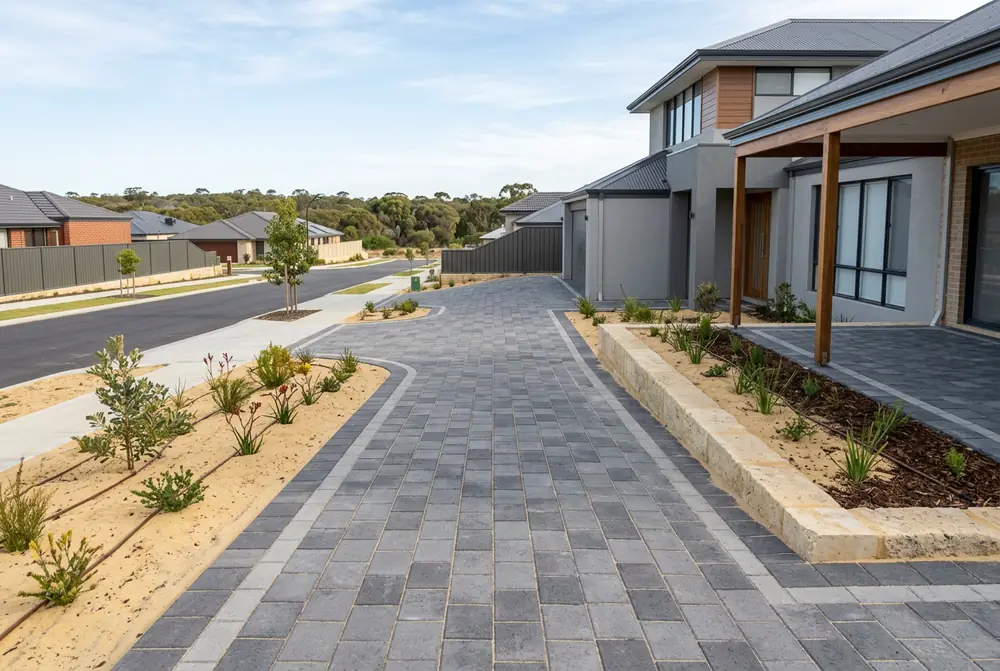 New paver driveway at a 2020s estate home in Eglinton, Perth