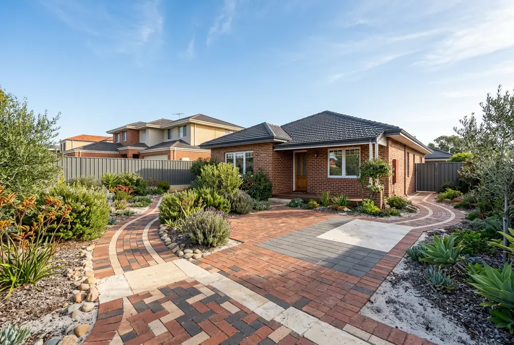 Paved courtyard and side path at an established home in Embleton, Perth