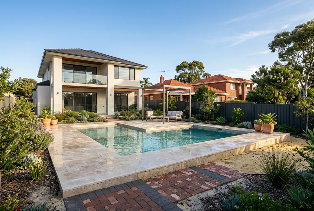 Travertine pool surround at a rebuilt home in Floreat, Perth