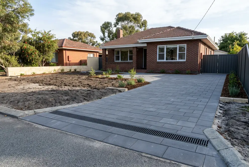 New paver driveway with drainage grate at a post war home in Glendalough, Perth
