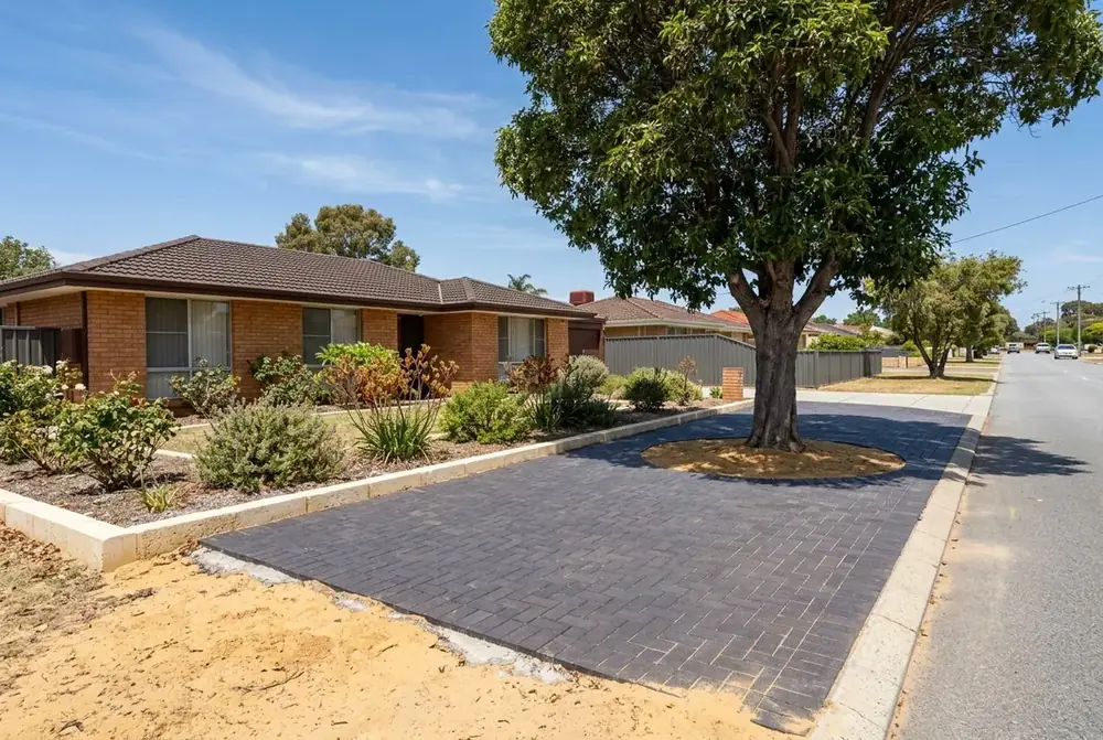 Brick paved verge within council limits outside a 1970s home in Greenwood, Perth by IBP Paving