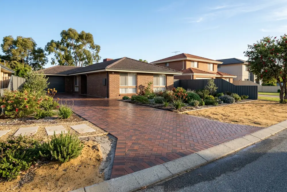 Replacement paver driveway at a 1970s brick home on yellow sand in Hamersley, Perth
