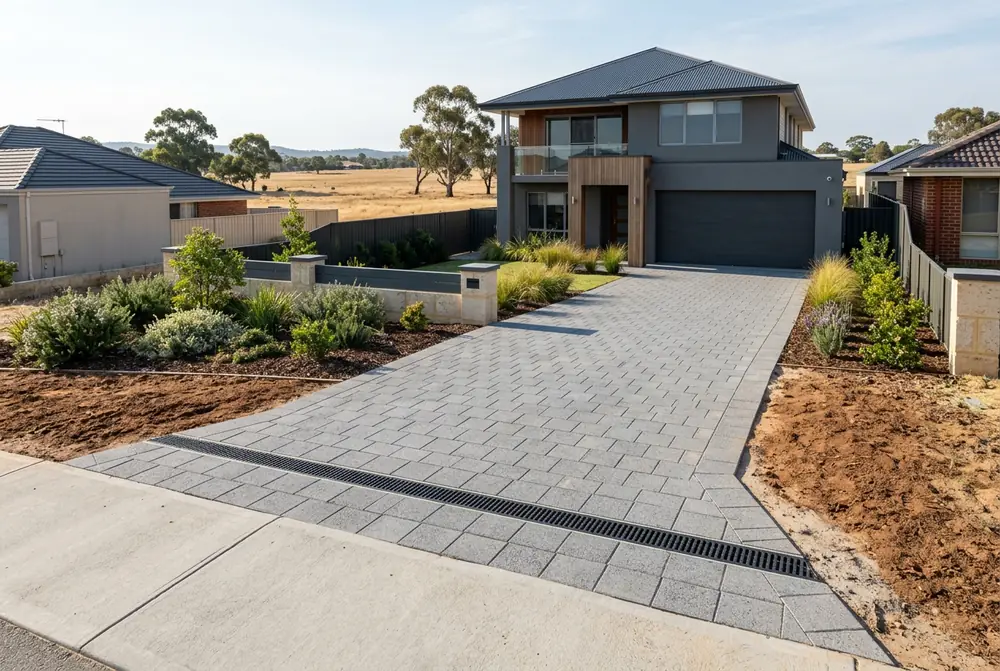 Concrete paver driveway with strip drain on clay soil in Hazelmere, Perth
