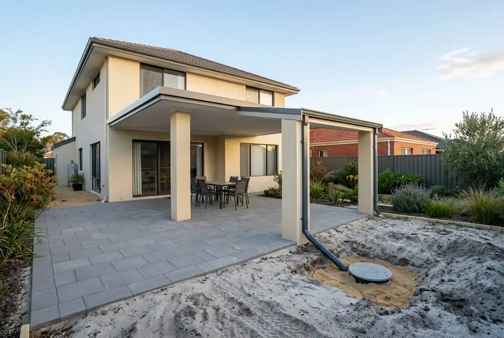 Large format paved alfresco with new soakwell at a 2000s home in Hocking, Perth by IBP Paving