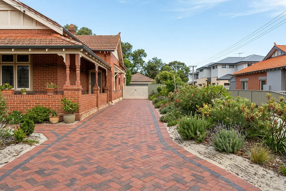 Herringbone clay paver driveway beside a Federation bungalow in Inglewood, Perth