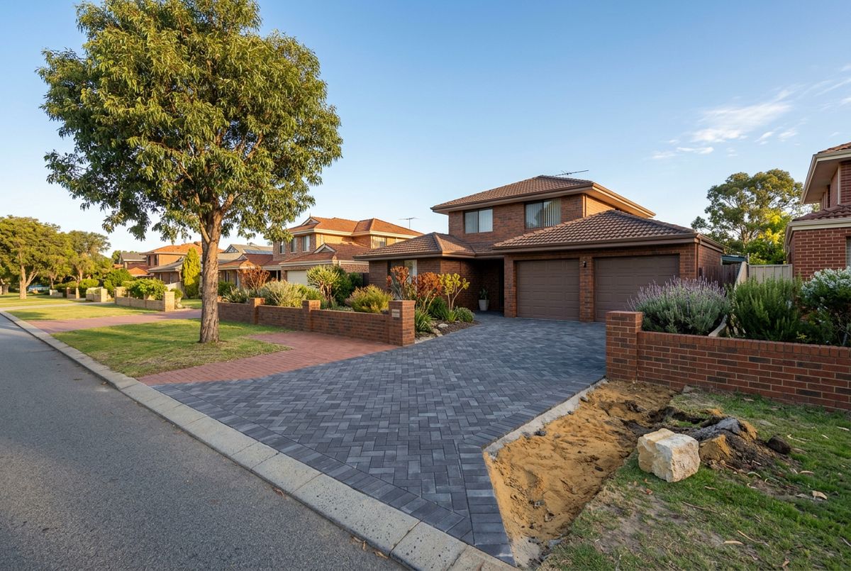 Relaid paver driveway set clear of a street tree at a late 1980s home in Joondalup, Perth by IBP Paving