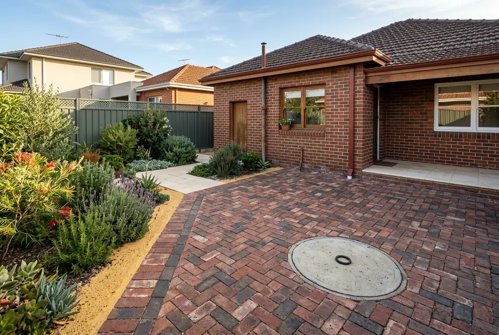 Basketweave brick courtyard at a post-war cottage in Joondanna, Perth