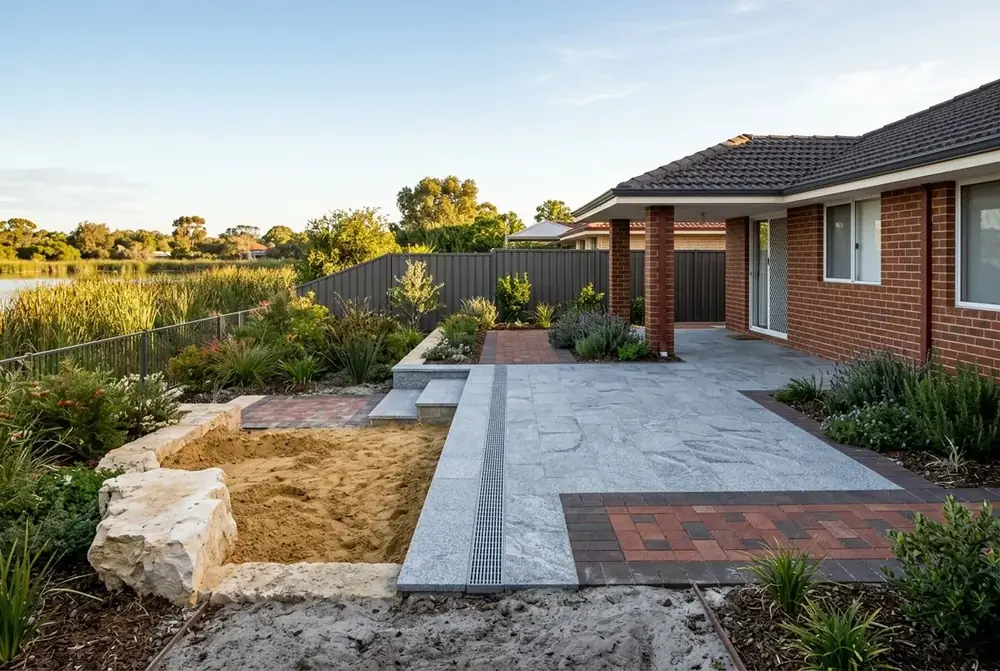 Granite patio and drainage at a 1980s lake side home in Kingsley, Perth by IBP Paving