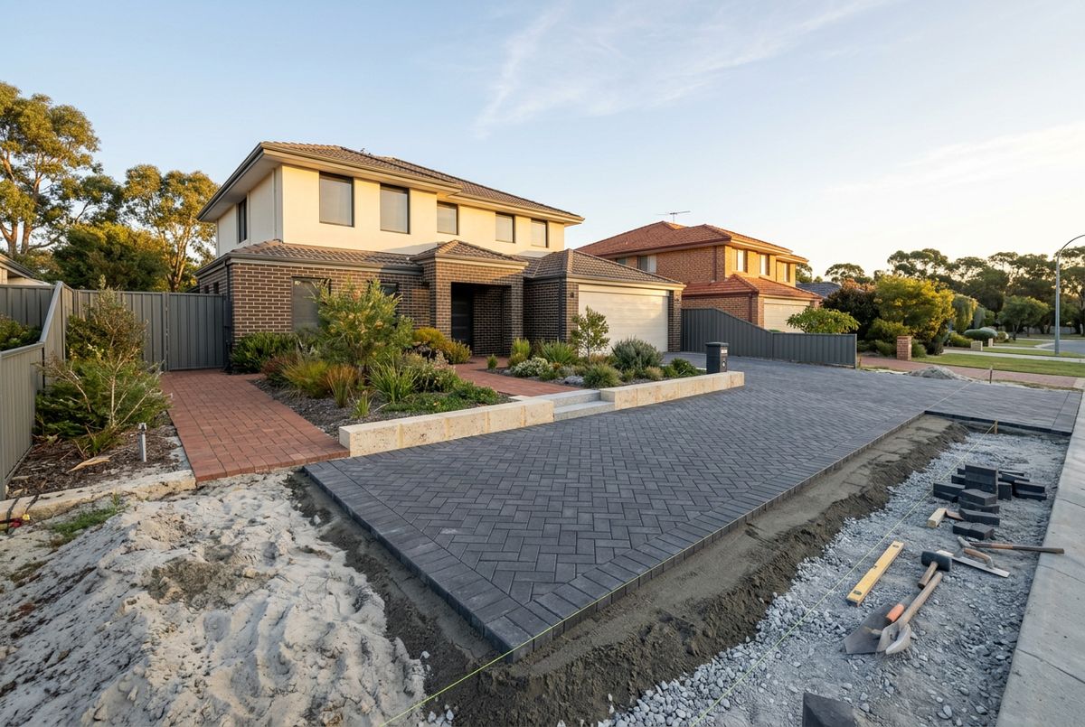 New brick paved driveway on grey sand outside a 2000s two storey home in Landsdale, Perth by IBP Paving