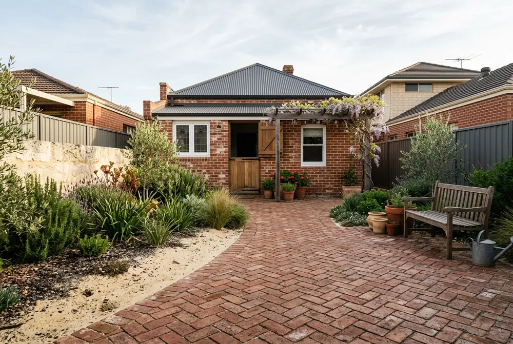 Clay brick courtyard behind a character cottage in Leederville, Perth