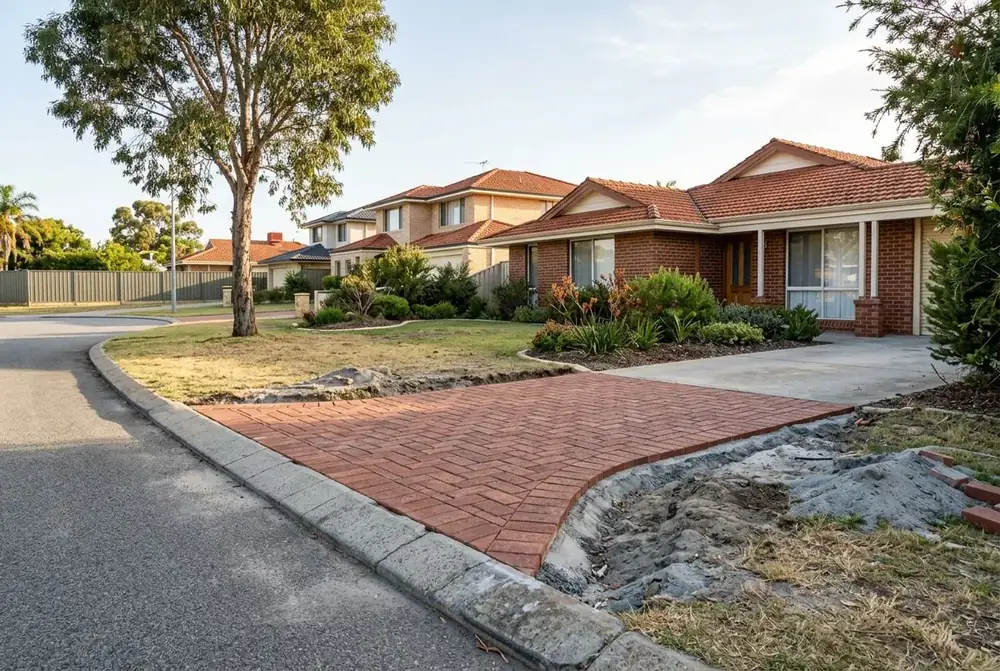 Brick paved crossover and driveway at a 1990s brick home in Madeley, Perth by IBP Paving