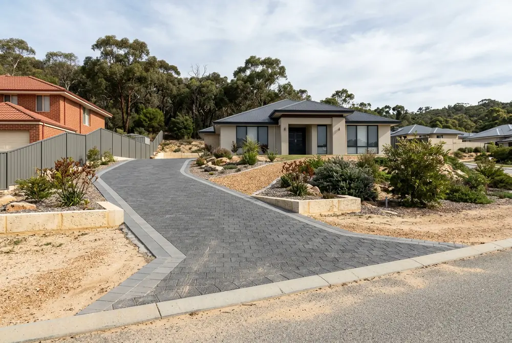 New paver driveway on a sloping foothills lot in Maida Vale, Perth