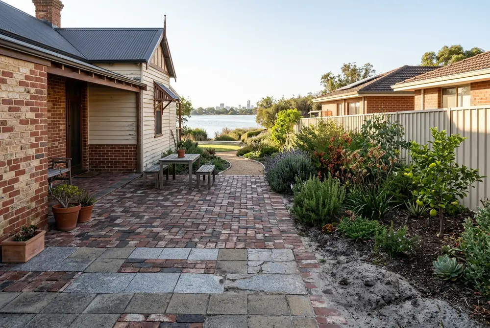 Clay brick courtyard behind an 1890s cottage in Maylands, Perth