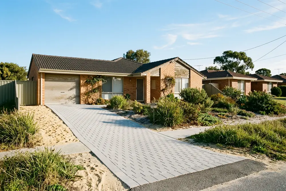 Replaced driveway in dense light grey pavers on a late 1980s Merriwa home