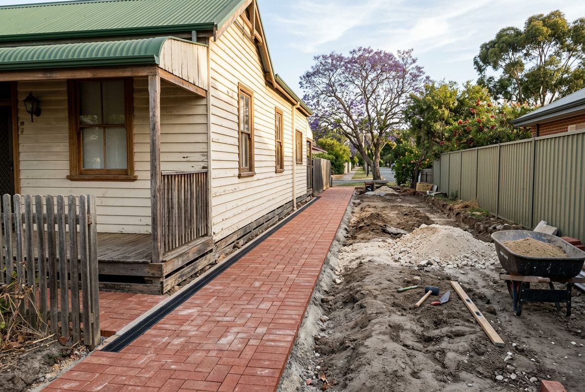 Red clay paving beside a 1900s cottage in Midland, Perth by IBP Paving