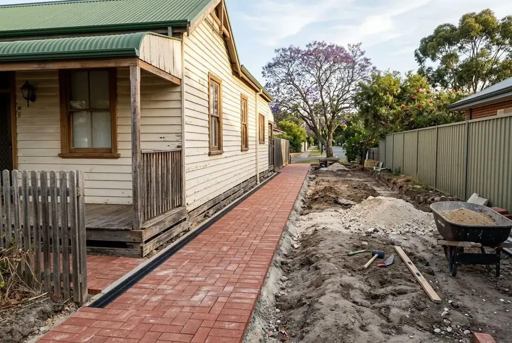 Red clay paving beside a 1900s cottage in Midland, Perth by IBP Paving