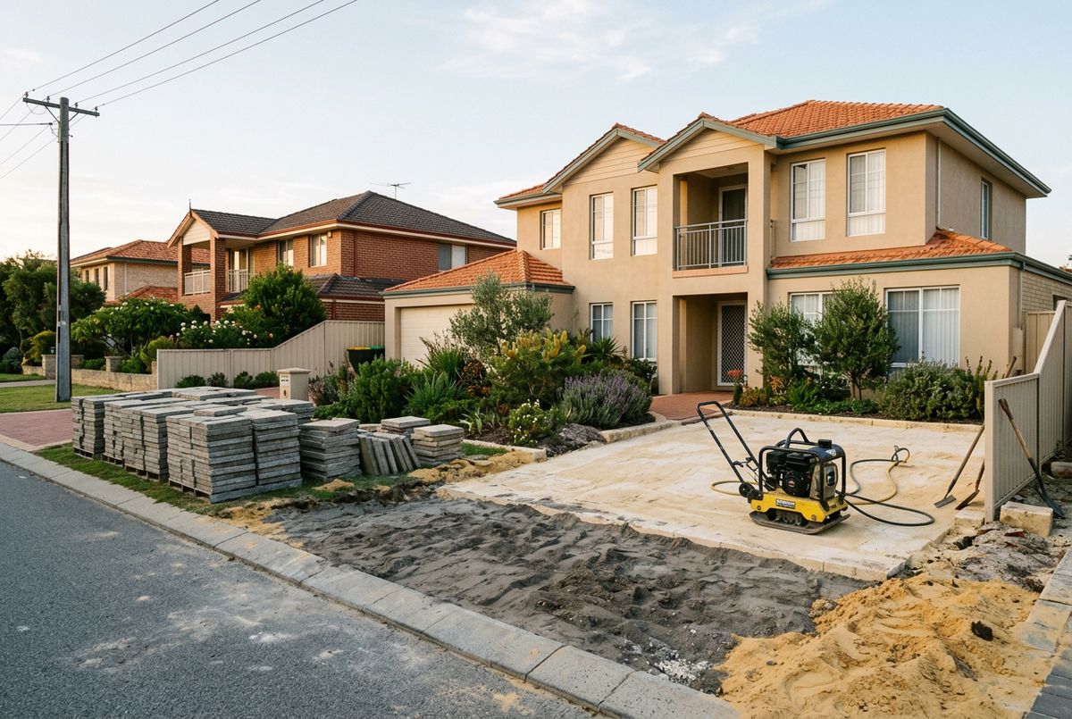 Driveway relay in progress at a 1990s home in Mindarie, Perth by IBP Paving