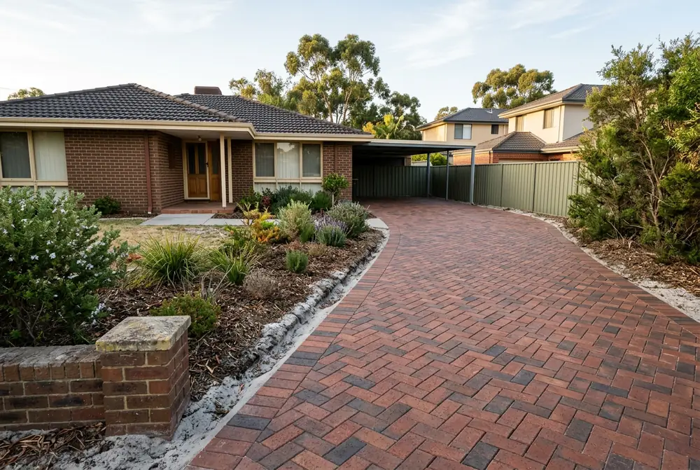 Relaid paver driveway at a 1980s brick home on grey sand in Mirrabooka, Perth