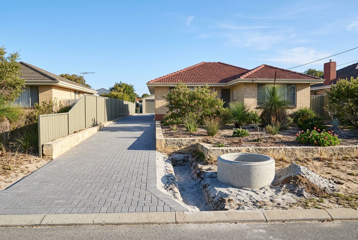 Shared brick paved driveway to a rear lot on a 1960s block in Morley, Perth by IBP Paving