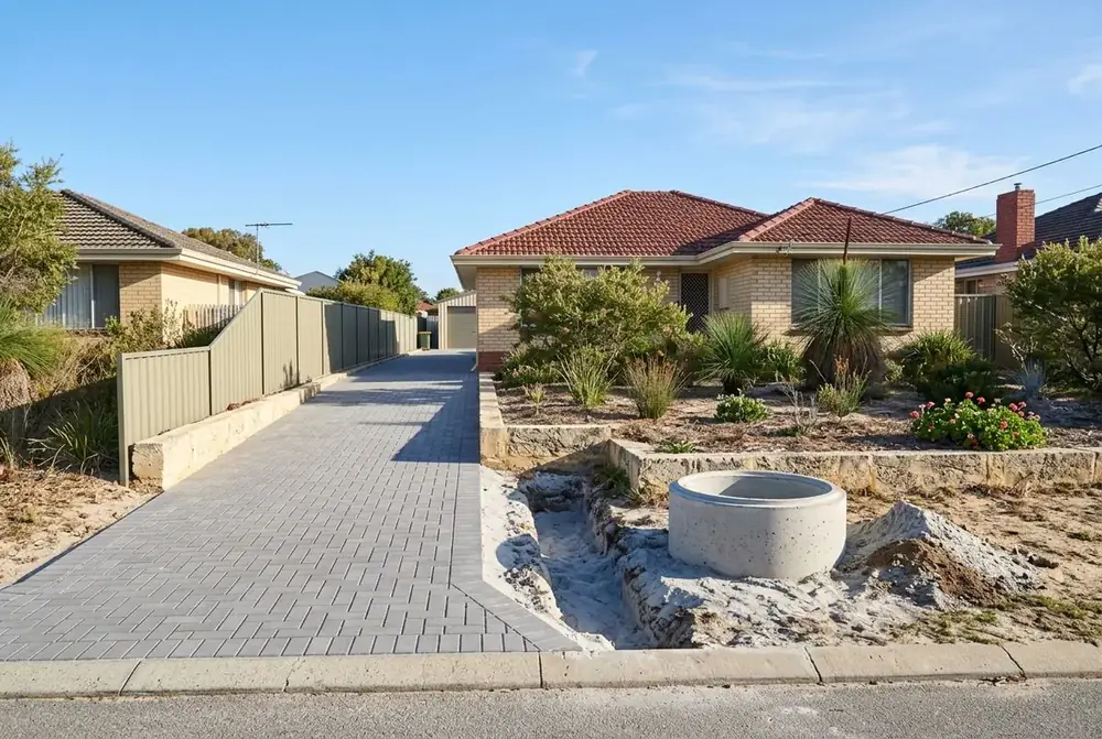 Shared brick paved driveway to a rear lot on a 1960s block in Morley, Perth by IBP Paving