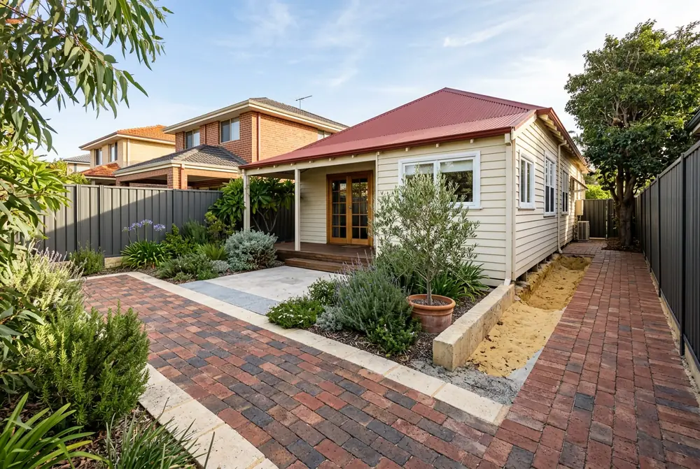 Brick paved courtyard behind an early 1900s cottage in Mount Hawthorn, Perth