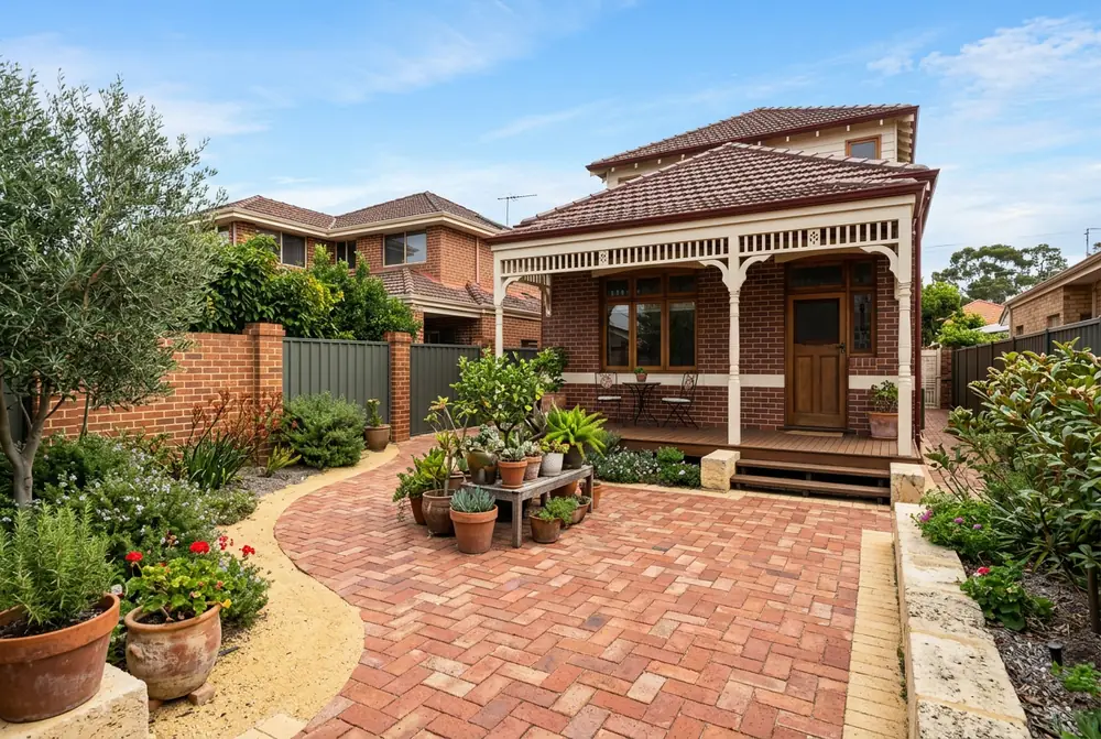 Clay basketweave courtyard behind a Federation cottage in Mount Lawley, Perth