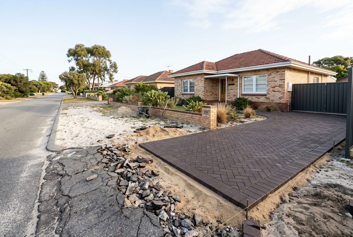 Replacing a bitumen crossover with charcoal clay pavers at a late 1950s home in Mullaloo, Perth by IBP Paving