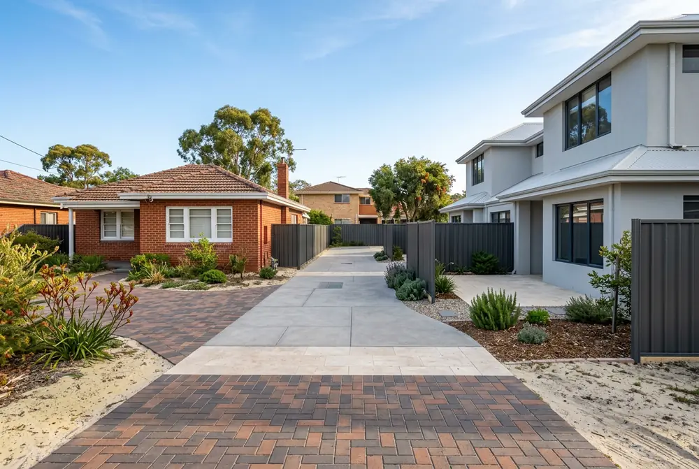 Shared paver driveway on a townhouse site in Nollamara, Perth, beside an older home