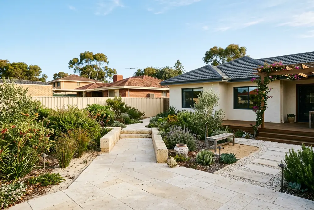 Limestone courtyard paving at an older home in North Beach, Perth