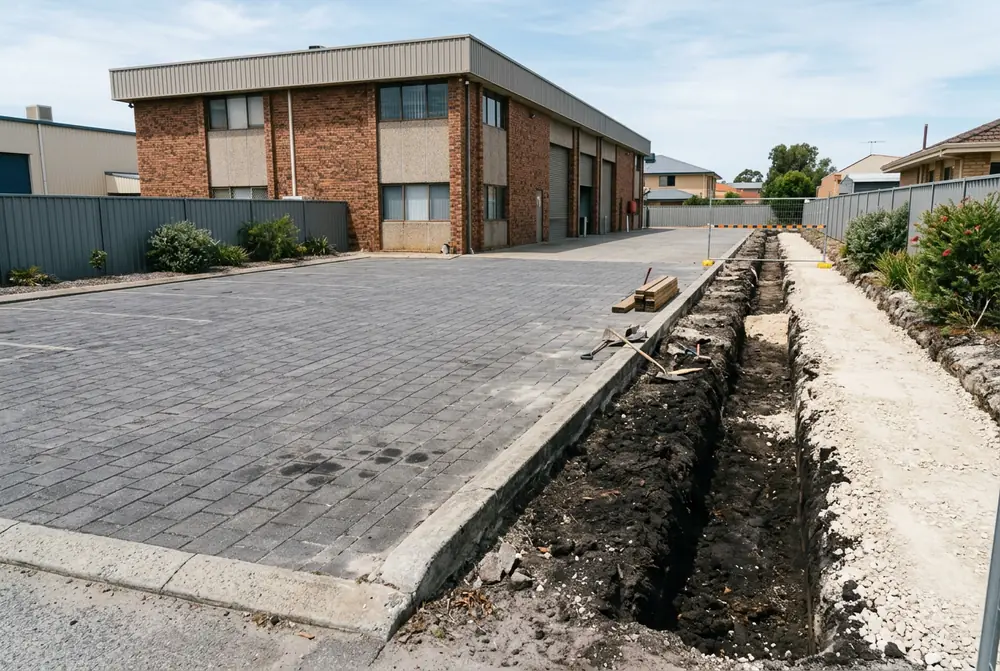 Commercial paver hardstand being laid on a limestone base in Osborne Park, Perth