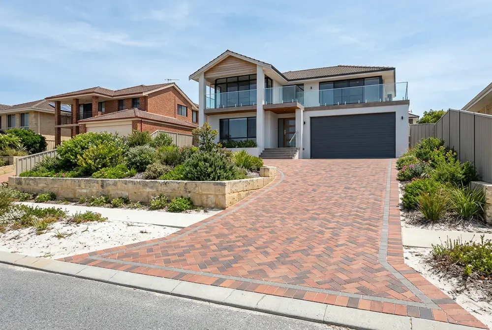 New paver driveway at a 1970s beach house in Quinns Rocks, Perth