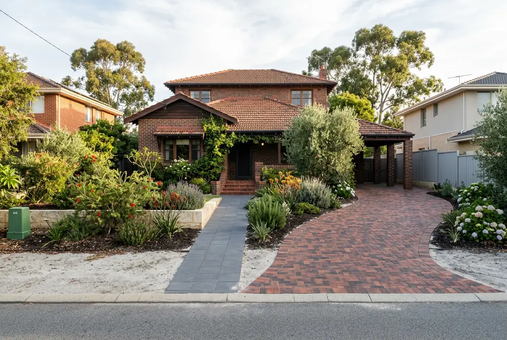 Brick paved driveway and level garden path at an established home in Riverton, Perth