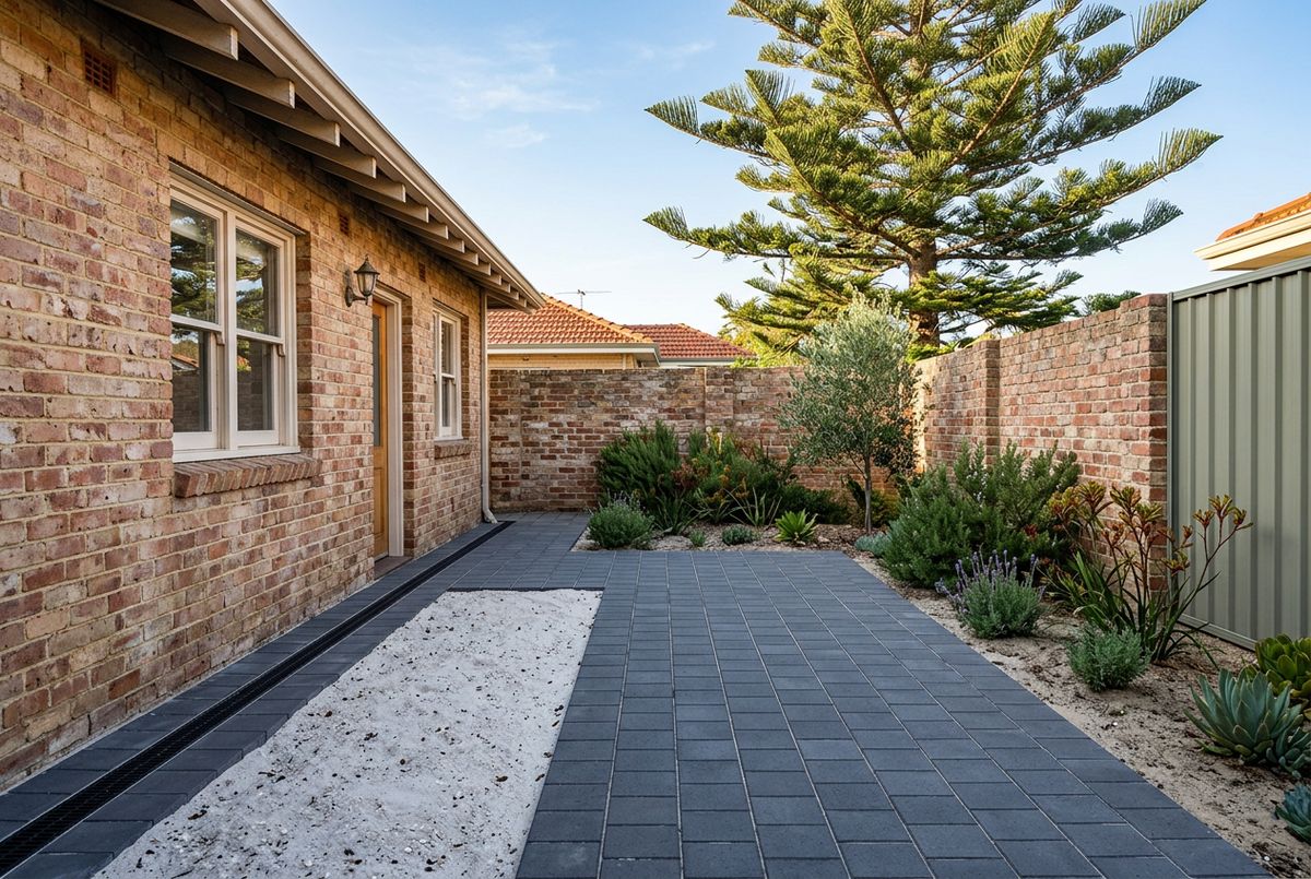 Clay paved courtyard behind a 1950s cottage in Scarborough, Perth by IBP Paving