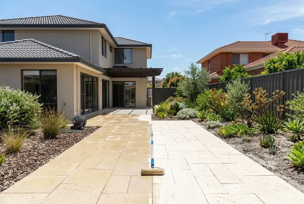 Sealing limestone paving half complete in Hillarys, Perth by IBP Paving