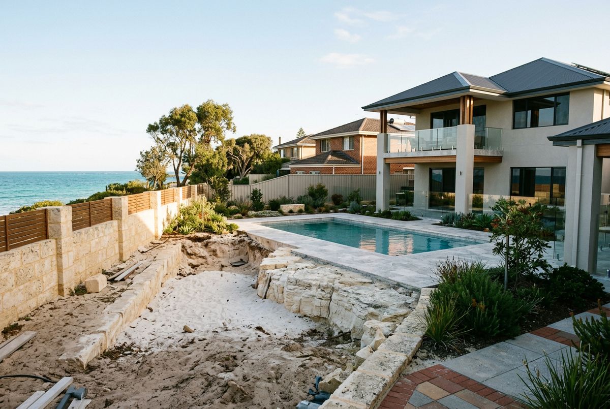 Travertine pool surround on a limestone and shell sand lot in Sorrento, Perth by IBP Paving