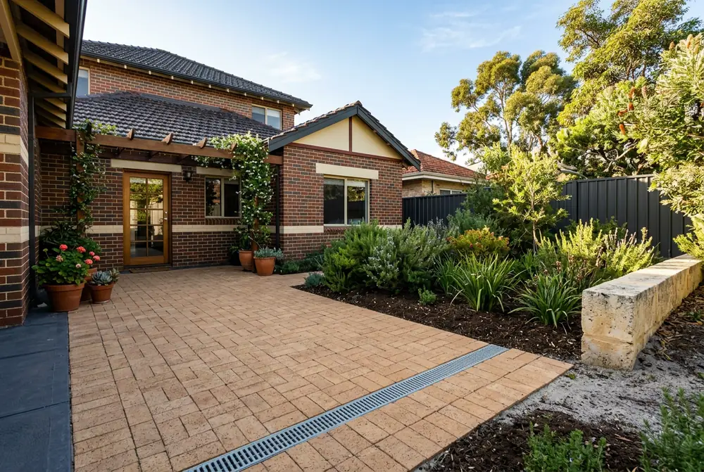 Tan clay paver courtyard with channel drain on clay soil in South Guildford, Perth