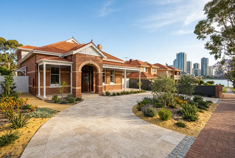 Travertine terrace and driveway at an 1890s villa on yellow sand in South Perth