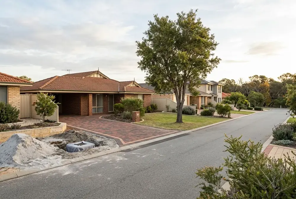 Relaid driveway and new soakwell on grey sand at a 1990s home in Tapping, Perth by IBP Paving