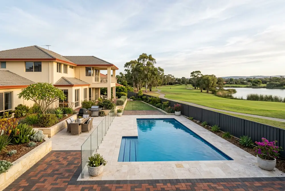 Travertine courtyard beside a 1990s acreage home overlooking a golf course in The Vines