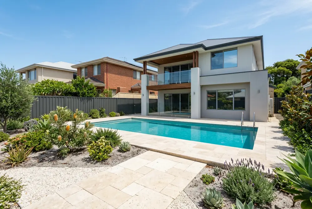 Travertine pool paving at a rebuilt home in Trigg, Perth