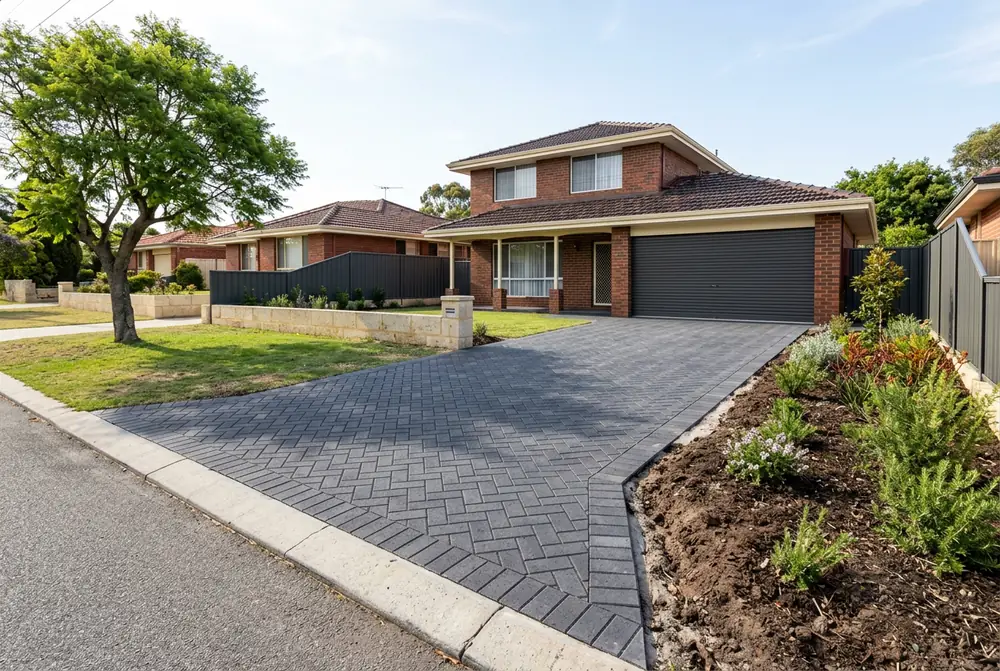Herringbone paver driveway at a 1960s brick home in Viveash