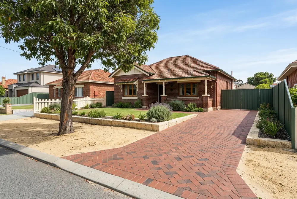 Herringbone brick driveway at a 1930s bungalow in Wembley, Perth