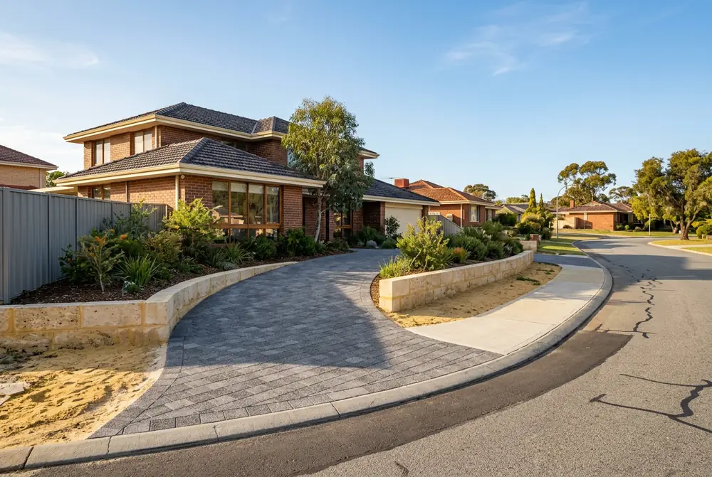 Driveway paving and limestone retaining at a 1960s home in Wembley Downs, Perth