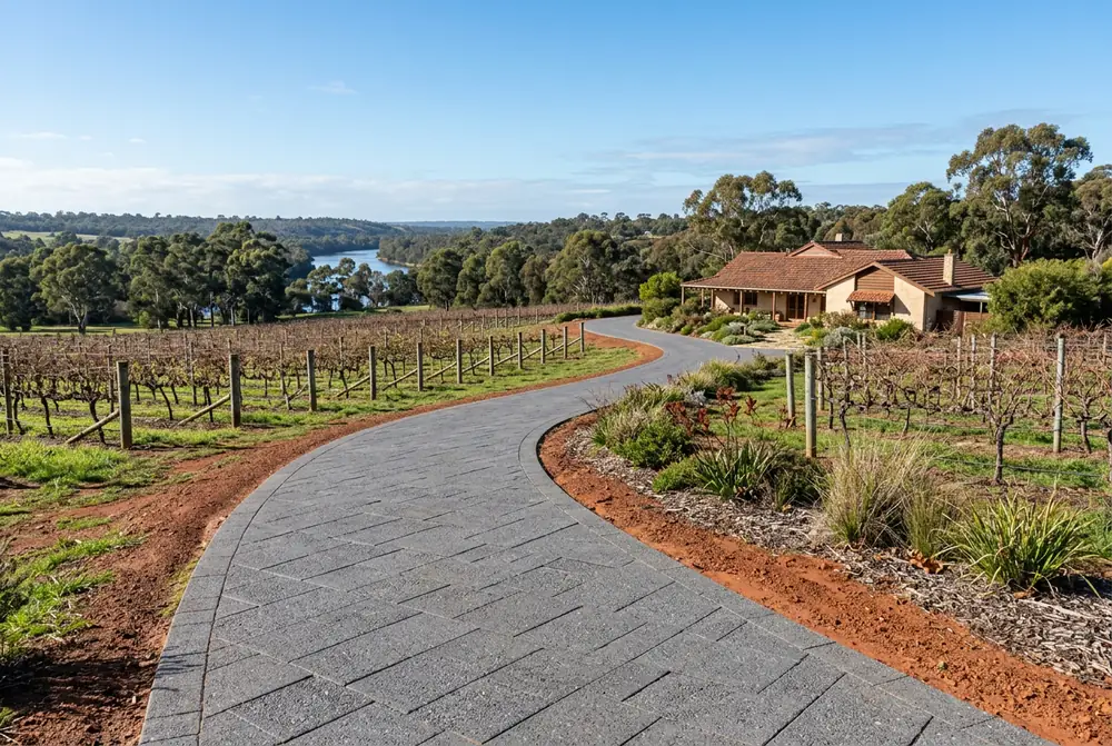 Paved driveway through vineyard rows on red brown clay at a West Swan rural property