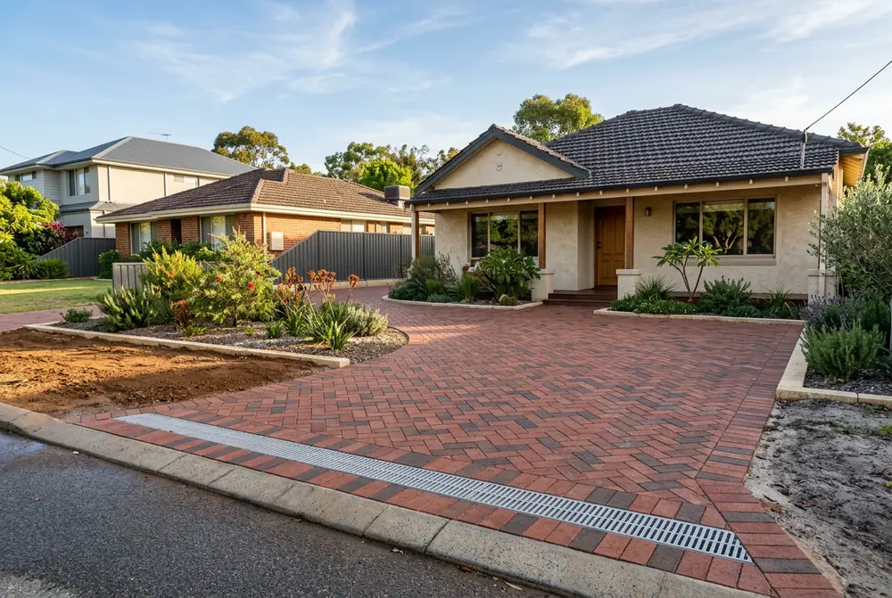 Red brick driveway with a grated drain on clay ground in Woodbridge, Perth
