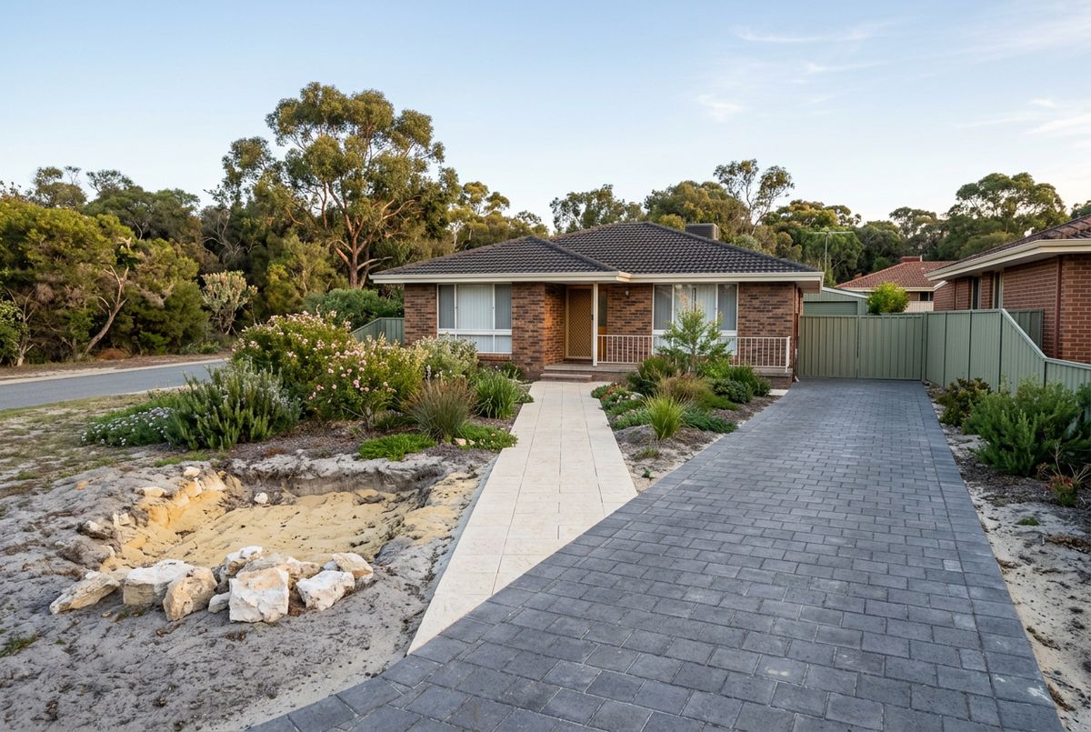 Limestone path and paver driveway at a 1970s home in Yanchep, Perth by IBP Paving