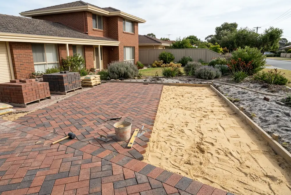 Herringbone driveway relay at a 1960s home in Yokine, Perth